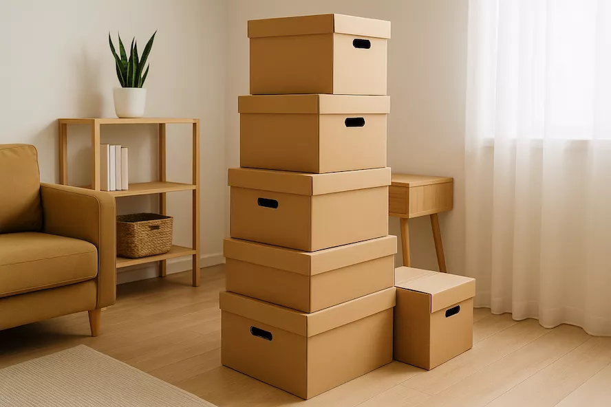 “Staplade flyttkartonger i litet men organiserat hem – symboliserar ett liv med frekventa flyttar och fokus på ordning, struktur och smart förvaring”